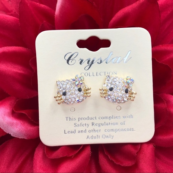 🌼 Kitty Cat Cute Rhinestone Stud Earrings - Picture 1 of 2